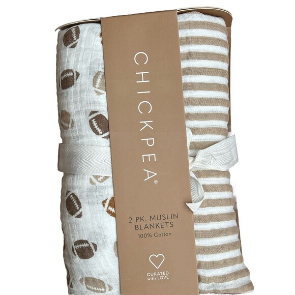 Chick Pea Football And Stripes Cotton Muslin Baby  Swaddling Blankets 2 pk  New - Picture 4 of 4